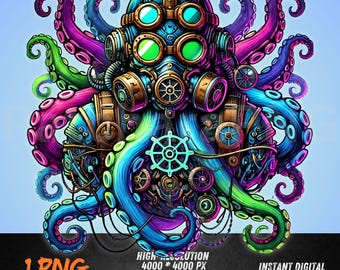 Steampunk-octopus, png-bestand | Kleurrijke mechanische tentakel-clipart | Sci-Fi Kraken-ontwerp | Ingewikkelde high-detailkunst | Digitale download