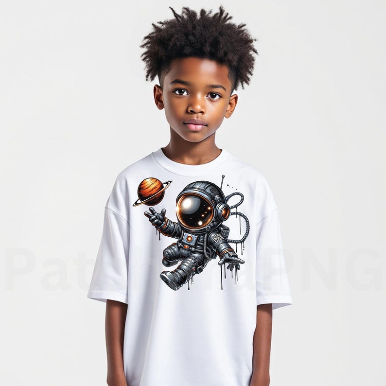 May include: White t-shirt featuring a cartoon astronaut in a spacesuit, holding a planet. The astronaut is detailed with black and silver accents. The planet is orange and yellow with a ring. The shirt is worn by a young person.