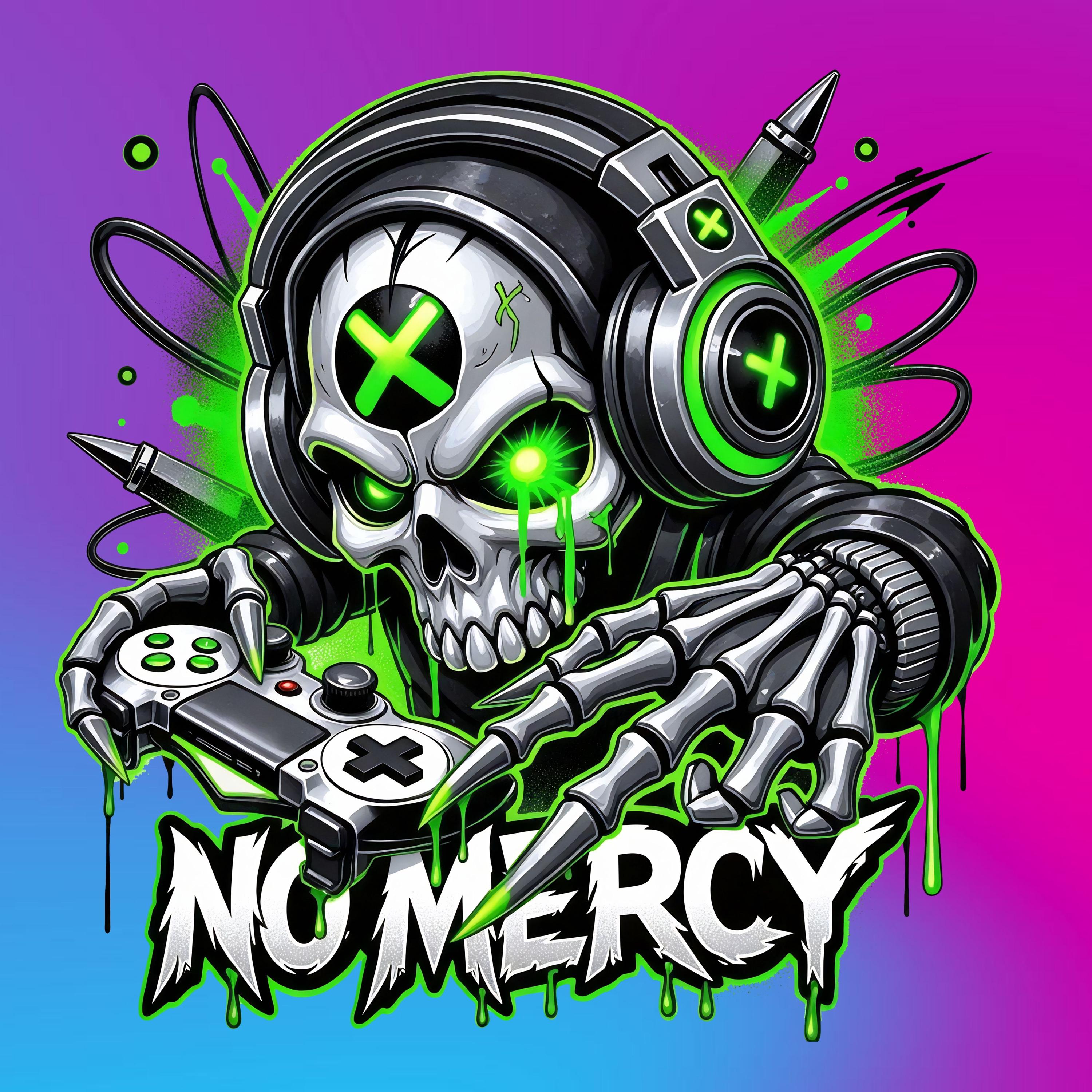 Gaming Skull PNG , No Mercy Skull Gamer – Green Neon Graffiti