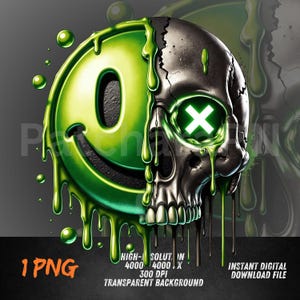 May include: A digital illustration featuring a split design of a green smiley face and a skull. The smiley face side is dripping with green liquid, mirroring the skull's side. The skull's eye glows with a white 'X'. The image has the text '1 PNG' and 'INSTANT DIGITAL DOWNLOAD FILE'.