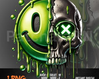 May include: A digital illustration featuring a split design of a green smiley face and a skull. The smiley face side is dripping with green liquid, mirroring the skull's side. The skull's eye glows with a white 'X'. The image has the text '1 PNG' and 'INSTANT DIGITAL DOWNLOAD FILE'.