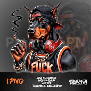 Doberman Swag PNG | Tough Dog Clipart with Hat, Headphones, and Attitude Shirt | Urban Street Dog Sublimation Design