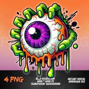 May include: A green hand holding a dripping, gooey eyeball with a purple iris. The eyeball is surrounded by splatters of orange and green paint.
