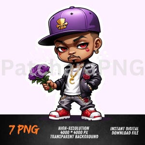 Hip-Hop Boy PNG with Purple Cap & Rose | Cool Streetwear Cartoon | DTF, Sublimation, Sticker