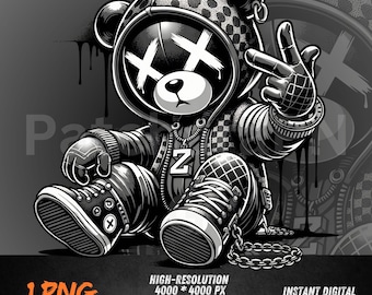 Hip Hopowy Miś Teddy PNG Streetwear Graffiti Clipart do Naklejek Sublimacyjnych DTF Projekt Koszulki