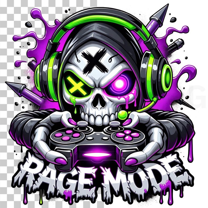 May include: A digital illustration of a skull wearing a black hood and headphones with green accents, holding a game controller. The skull has a cross and an X on its eyes, with the text "RAGE MODE" below.