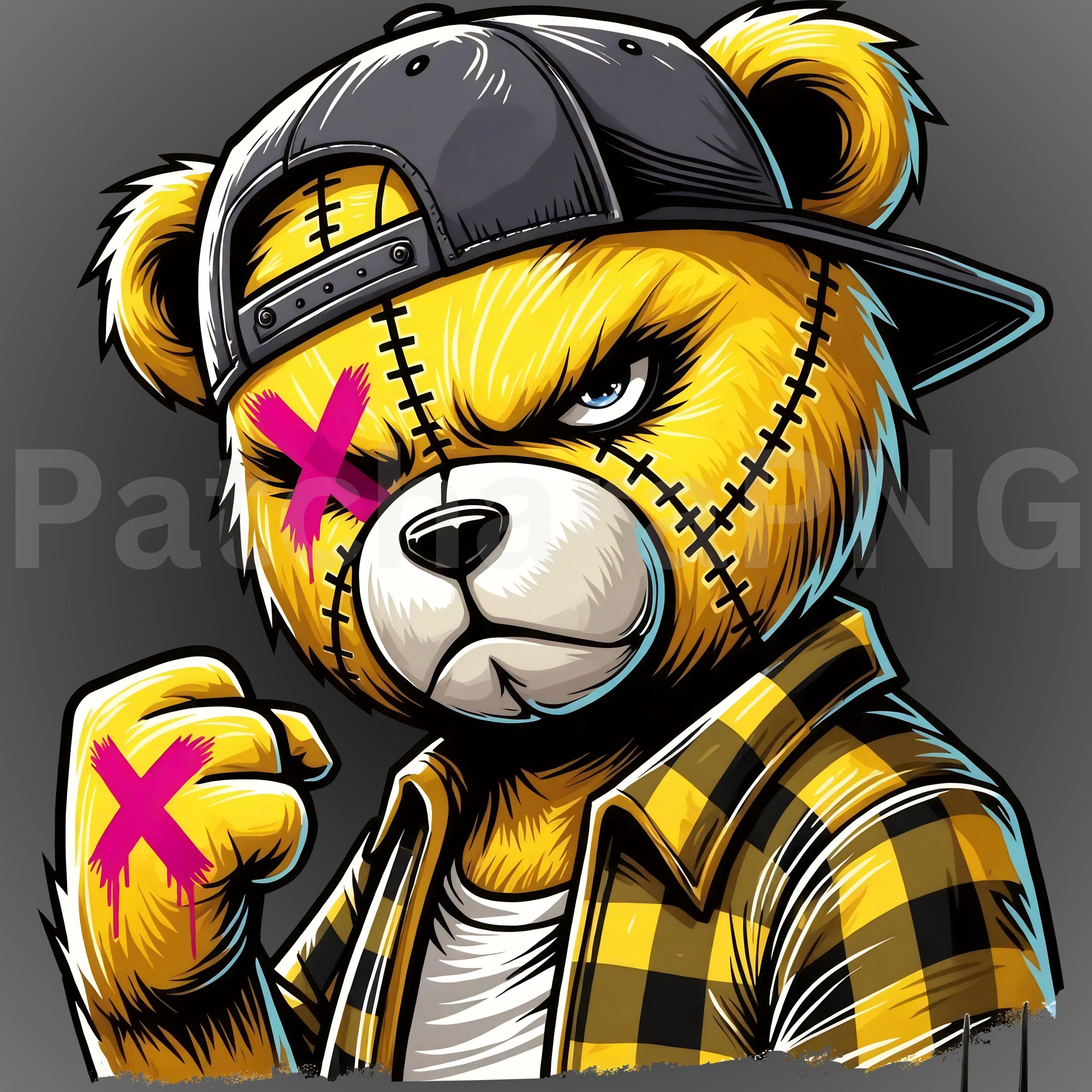 【Paragraph 】　Teddy Bear Pigment Hood Yellow Gangsta Bear PNG | Teddy Clipart With X Eyes and Hat