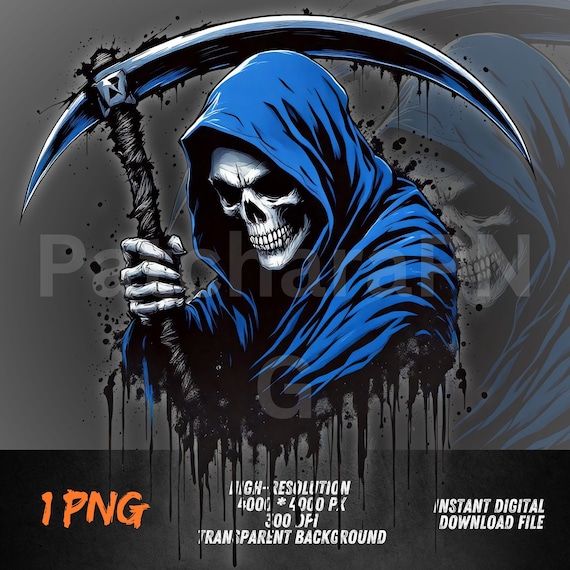 Blue Grim Reaper PNG – Gothic Skeleton Scythe Art for Streetwear, DTF Transfer & Sublimation Design