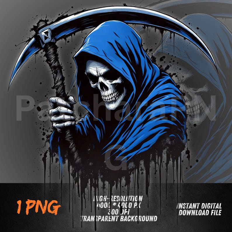 May include: A digital illustration of the Grim Reaper in a blue hooded cloak, holding a scythe. The image features a skull with a detailed design, with black paint splatter effects. The words "1 PNG" and "Instant Digital Download File" are visible.