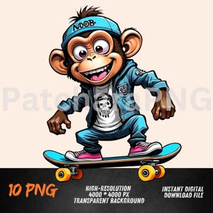Puede incluir: Un mono de dibujos animados que lleva una gorra de béisbol azul y blanca con la palabra "NOOB" en ella, una chaqueta vaquera azul, una camiseta blanca con un gráfico de calavera y pantalones vaqueros azules, está haciendo skateboard. La tabla de skate es azul y amarilla.