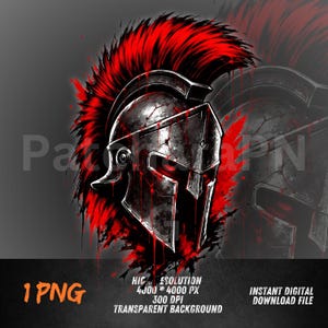 May include: A digital illustration of a Spartan helmet with a red plume and menacing red eyes. The helmet is detailed with cracks and splatters of red paint, set against a gray background. The image includes text indicating it is a high-resolution, transparent PNG file.