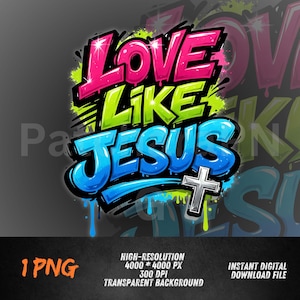 Könnte beinhalten: Digitalgrafik mit dem Schriftzug "Love Like Jesus" im Graffiti-Stil. Der Text ist in leuchtendem Pink, Grün und Blau gehalten, mit einem silbernen Kreuz. Das Bild enthält Details zur Datei, wie Auflösung und Dateityp.