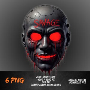 May include: A digital illustration of a black and red mask with the word "SAVAGE" written across the forehead. The mask has glowing red eyes and dripping blood.