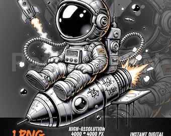 Graffiti Astronaut on Rocket PNG | Urban Space Clipart for DTF Transfers | Sublimation Design for Streetwear Tees