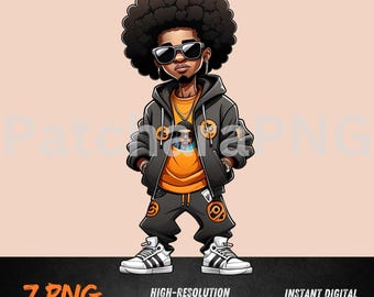 Hip-Hop Afro Boy PNG with Sunglasses | Cool Streetwear Cartoon | DTF, Sublimation, Sticker Clipart