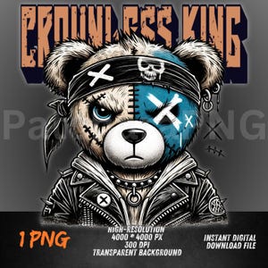 May include: A digital illustration of a teddy bear with a punk rock aesthetic. The bear has a black leather jacket, a bandana, and a blue and white face design. The text "CROWNILESS KING" is at the top. The image also includes technical details.