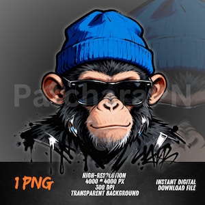 May include: Digital illustration of a chimpanzee wearing a blue beanie and black sunglasses. The chimp has a neutral expression and is set against a dark background with graffiti-style accents. The image includes text: 1 PNG, High-Resolution, and Instant Digital Download File.