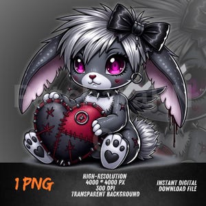 Op de afbeelding: Digitale illustratie van een grijze konijn met wit haar en een zwarte strik, die een rood hart vasthoudt. Het konijn heeft roze ogen en een stekelkragen. Het hart is gestikt met zwarte draad en heeft een sterontwerp. De tekst "1 PNG" is inbegrepen.