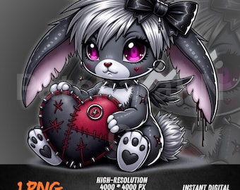 Gothic Bunny PNG | Emo Kawaii Rabbit with Stitched Heart | Dark Cute Animal Clipart for Sublimation & Stickers