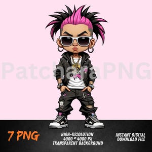 Hip-Hop Girl PNG with Pink Hair | Cool Streetwear Graffiti Cartoon | DTF, Sublimation, Sticker Clipart