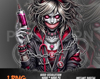 Chica Joker PNG / Clip art de chica gótica espeluznante con jeringa / Arte de calavera de enfermera malvada / Diseño de sublimación de terror / PNG de mujer atrevida