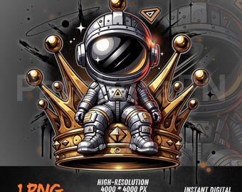 Astronaut on Gold Crown PNG - Luxury Streetwear Graffiti Clipart for DTF Sublimation Print