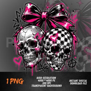 Puede incluir: Ilustración digital de dos calaveras con un lazo rosa y elementos de graffiti. Una calavera está agrietada, la otra es a cuadros. Corazones rosas y goteos de pintura acentúan el diseño. El fondo es gris.