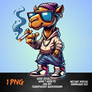 Cool Camel PNG | Urban Camel Clipart with Hoodie and Smoke | Street Style Animal Sublimation Design | High-Resolution File