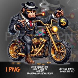 Gangsta Gorilla PNG | Mafia Biker Gorilla Clipart with Money Bag & Gold Motorcycle | Streetwear Sublimation Design for T-Shirts , Hoodies