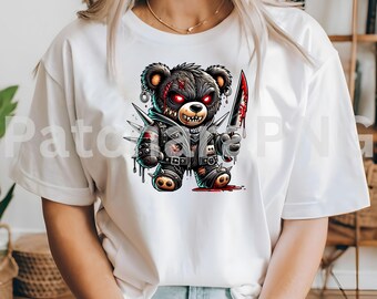 Killer Teddy PNG | Creepy Bear Clipart With Knives and Skull Vest