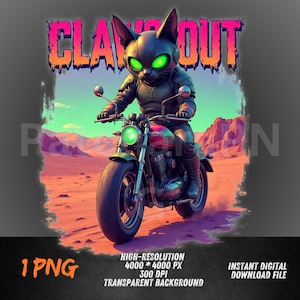Claws Out&quot; Biker Cat Sublimation Design – Futuristic Cat on Motorcycle PNG – Edgy Animal Clipart for T-Shirts, Mugs & Digital Art Prints