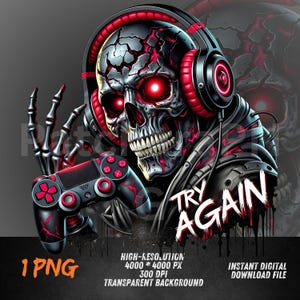 May include: Digital illustration of a skull wearing headphones and holding a game controller. The skull has red glowing eyes and accents. The controller and headphones are black and red. The text "TRY AGAIN" is visible.