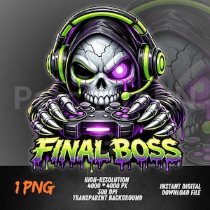 Puede incluir: Ilustración digital de una calavera con auriculares y una capucha, sosteniendo un mando de videojuegos. La calavera tiene un ojo morado brillante y gotea líquido morado. Las palabras "FINAL BOSS" están escritas en verde y morado.