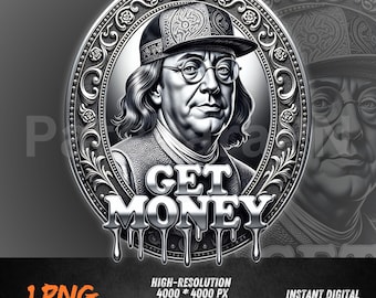 Get Money Skull PNG | Benjamin Franklin Money Art Clipart | Gangsta Dollar Design | Streetwear Hip Hop Sublimation | Grunge PNG