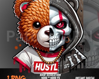 Gangsta Teddy Skull PNG – Hip Hop Streetwear Graffiti Clipart for DTF, Sublimation, Shirt Design