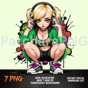 Graffiti Cute girl DJ hip-hop  Character with headphone Clipart,  Colorful, T-Shirts, Digital Download  – short hair girl Art for T-Shirts