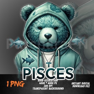 Poissons Ours PNG | Clipart ours du zodiaque mignon pour sublimation | Horoscope Poissons Animal Design | Style urbain à capuche | Signe astrologique PNG
