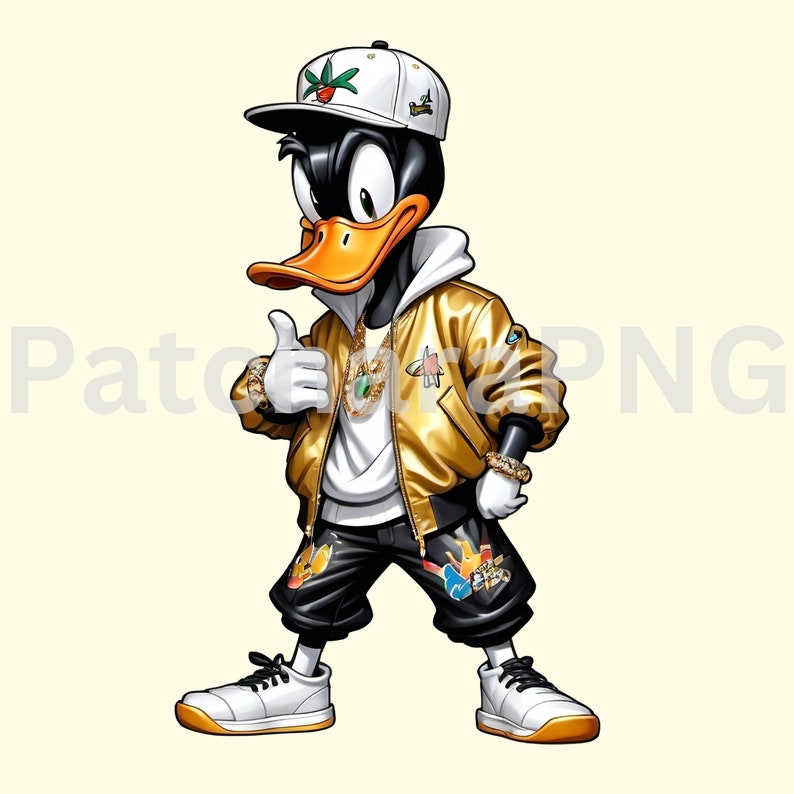 Pode incluir: Um pato de desenho animado vestindo uma jaqueta bomber dourada, cal&ccedil;as pretas com patches coloridos, um bon&eacute; de beisebol branco com uma folha de marijuana verde e uma corrente de ouro com um pingente de gema verde grande. O pato est&aacute; dando um joinha.