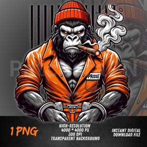 Peut inclure: Illustration numérique d'un gorille portant une combinaison orange de prisonnier et un bonnet rouge, fumant un cigare. Le gorille porte des menottes et le mot "PRISSE" est sur la combinaison. L'image comprend le texte "1 PNG", "HAUTE RÉSOLUTION 4000 * 4000 PX 300 DPI FOND TRANSPARENT" et "TÉLÉCHARGEMENT NUMÉRIQUE INSTANTANÉ".