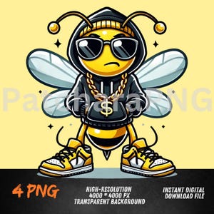 May include: A cartoon bee wearing a black hoodie, sunglasses, and a gold chain. The bee is holding a bag of money with a dollar sign on it. The bee is wearing yellow and black sneakers.
