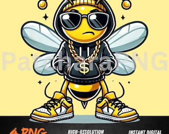 Swag Bee PNG | Cool Bee Clipart with Shades, Sneakers, and Chains | Street Style Insect Sublimation Design | Digital File