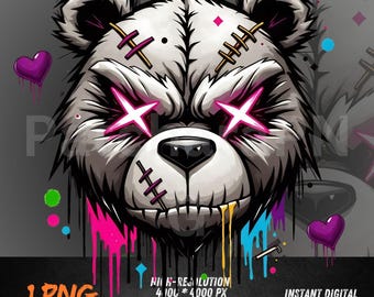 Miś Graffiti w formacie PNG | Clipart z miejskim gangsterem | Sublimacja w formacie PNG w stylu hip-hopowym na koszulki, bluzy z kapturem i transfery DTF
