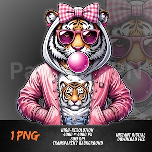 Cool Tiger PNG | Bubblegum Tiger Clipart in Jacket and Glasses | Urban Animal Fashion Sublimation | Stylish Digital File