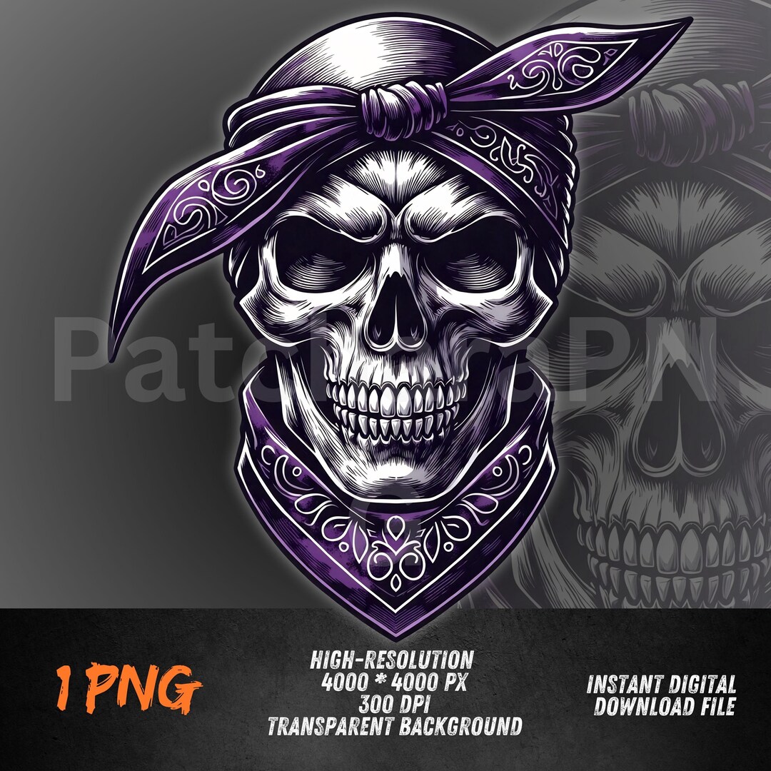 Purple Skull PNG | Bandana Skull Clipart With Purple Scarf