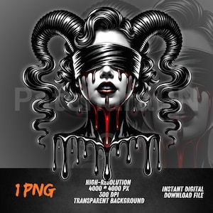 Blindfolded Dark Goddess PNG, Gothic Occult Drip Art Sublimation Design for Alt Fashion Shirt or Horror Printable