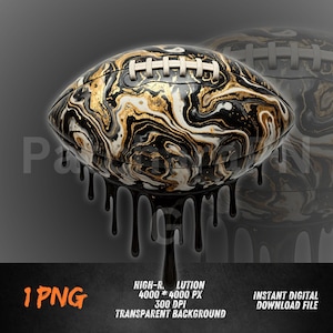 May include: A football with a black, white, and gold marbled design. The football has white laces and is dripping with black liquid. The image also includes text that says "1 PNG", "HIGH-RESOLUTION", and "INSTANT DIGITAL DOWNLOAD FILE".