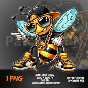 May include: A cartoon illustration of a bee wearing sunglasses, a backwards black cap, and a gold chain. The bee is wearing black and yellow sneakers and is pointing with its left hand. The image includes the text "1 PNG" and "INSTANT DIGITAL DOWNLOAD FILE".