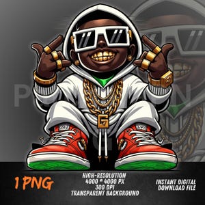 Hip Hop Kid PNG | Urban Streetwear Clipart | Rap Style Gold Chains Art | Cool Swag Sublimation | Transparent Background