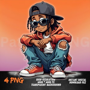 Sitting Hip-Hop Boy PNG | Cool Streetwear Cartoon Character | DTF, Sublimation, Sticker Clipart