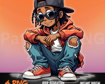 Sitting Hip-Hop Boy PNG | Cool Streetwear Cartoon Character | DTF, Sublimation, Sticker Clipart